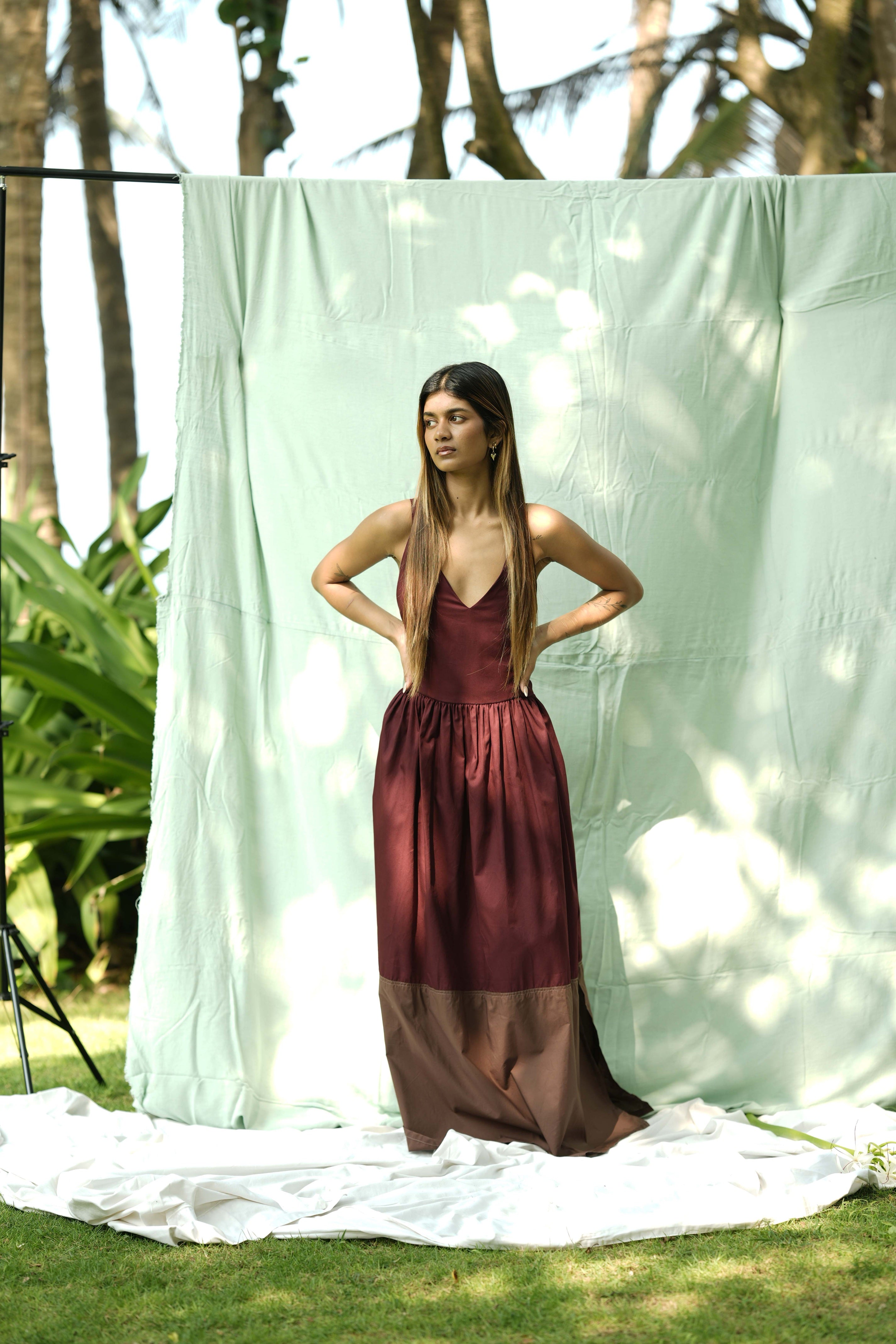 Bordeaux Two-Tone Maxi Dress