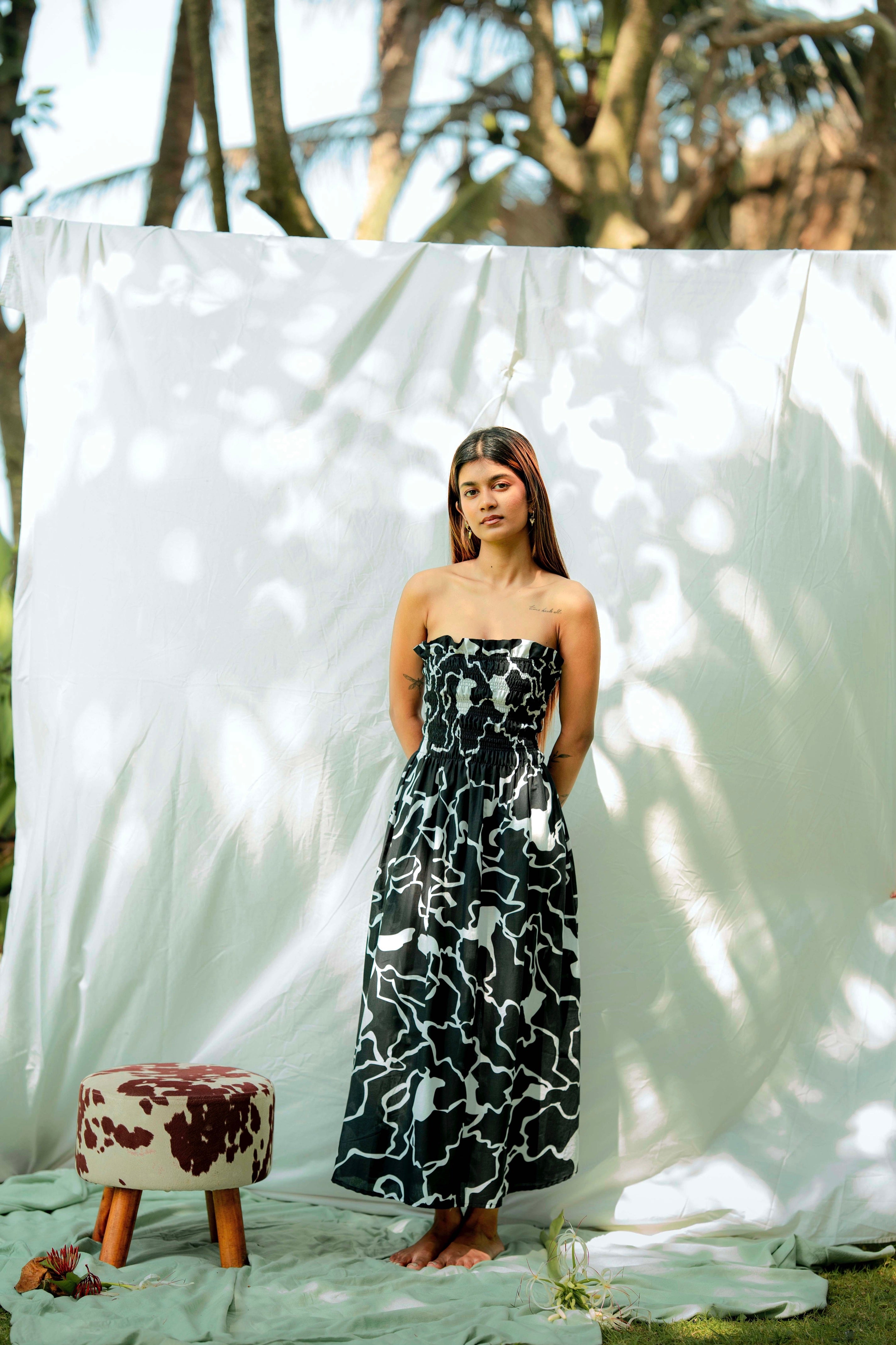 Monochrome Abstract Strapless Maxi Dress